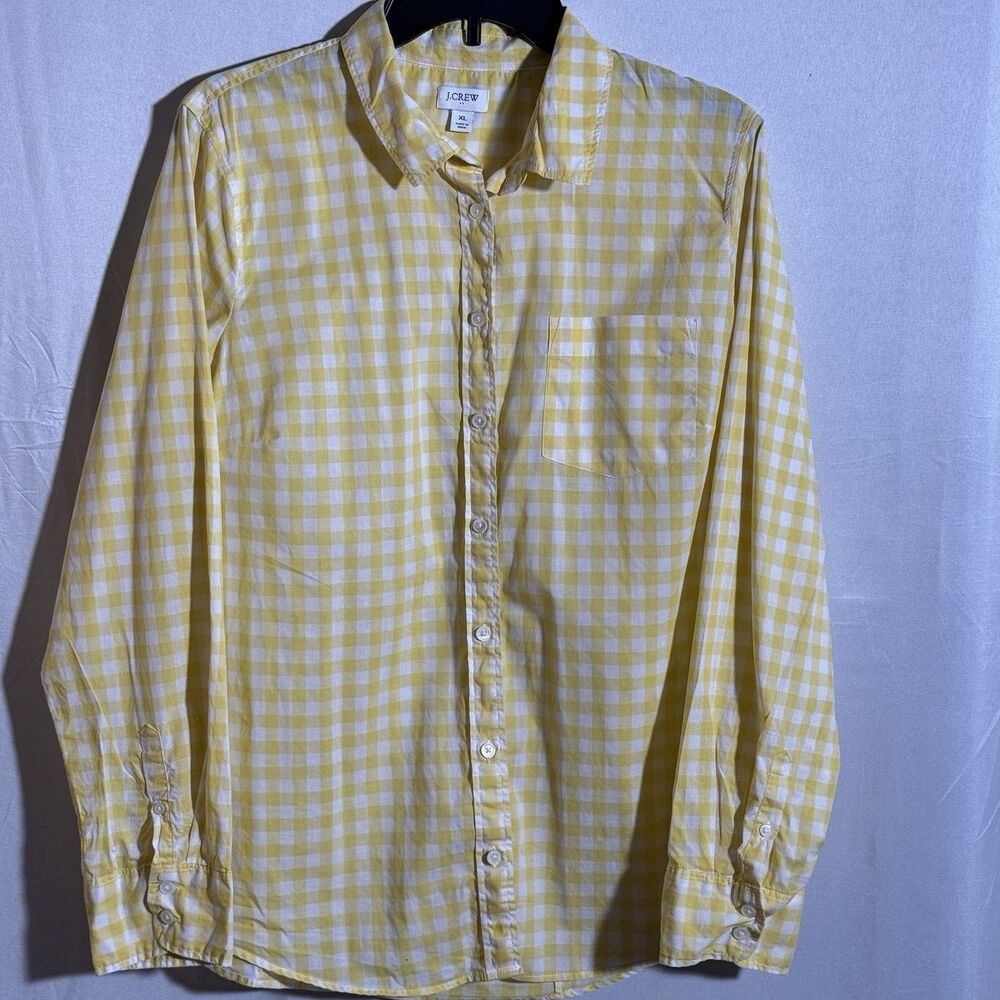 J.Crew Yellow Gingham Button Down Shirt Womens XL Long Sleeve Cotton Preppy